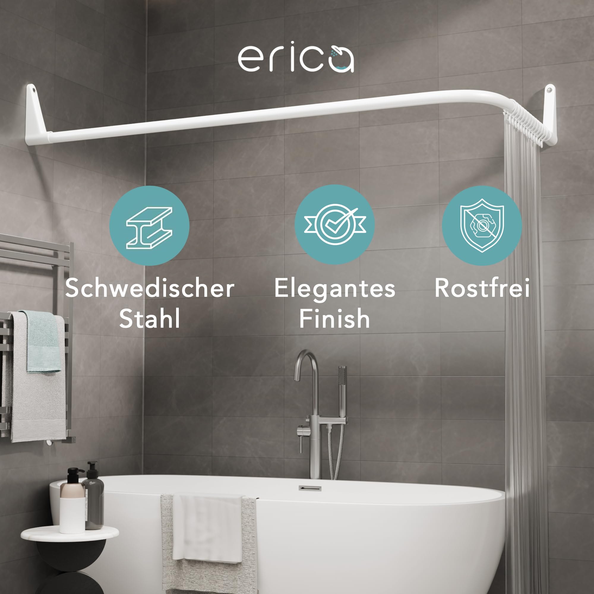 Erica Duschvorhangstange L form 70x90, 70x160 oder 90x140 cm, Duschvorhang stange für Badewannen geeignet, Duschstange über Eck, Weiße Pulverbeschichteter Stahl, Ohne Bohren