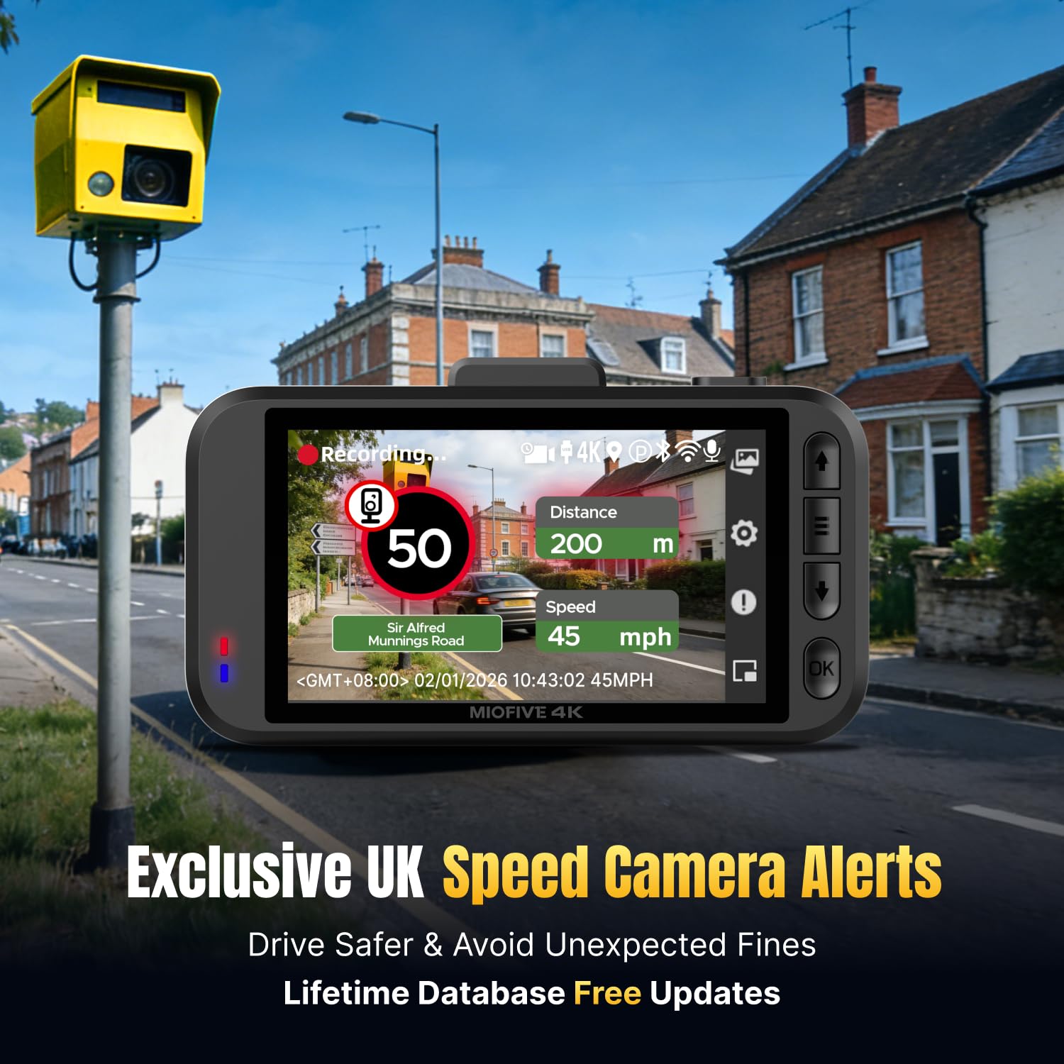 Miofive 4K+2K Dual Dash Cam Front and Rear, Pre-installed 64GB Card, 5GHz Wi-Fi Bluetooth GPS, 3" IPS Screen, HDR Night Vision, 24H Parking Mode, AI Start & UK Speed Camera Detection - 3