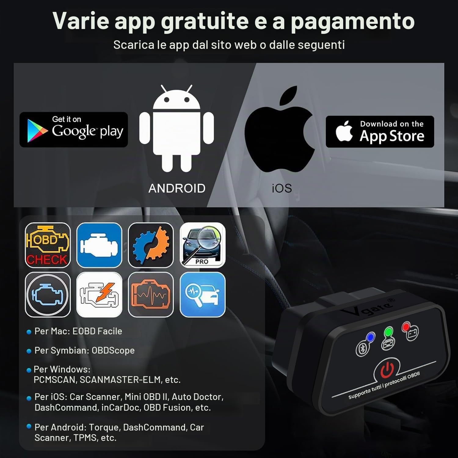Vgate iCar2 Adattatore Bluetooth OBD2 Scanner diagnostico per iOS e Android: Strumento diagnostico Auto-Connect Clear Error Code Live Data Reset (Nero)