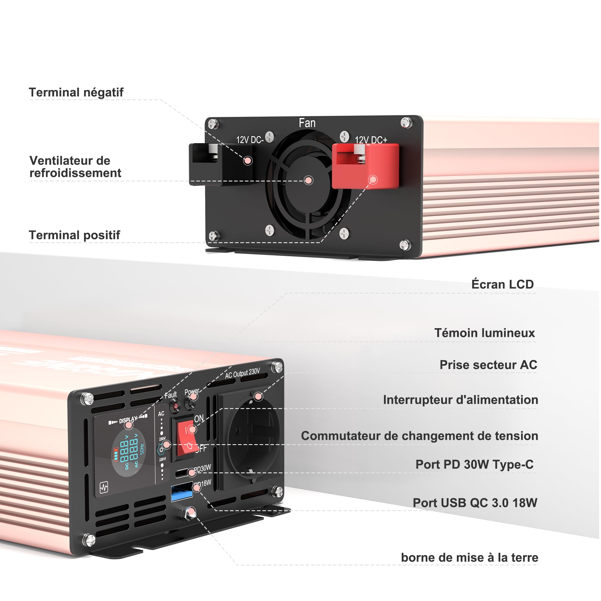 XWJNE 1000W Convertisseur Pur Sinus 12V 220V Onduleur avec Prise EU AC, Port USB-A et USB-C, Télécommande sans Fil, écran LCD, Convertisseur de Tension pour Voitures, Camping-Cars, Camions, Voyages
