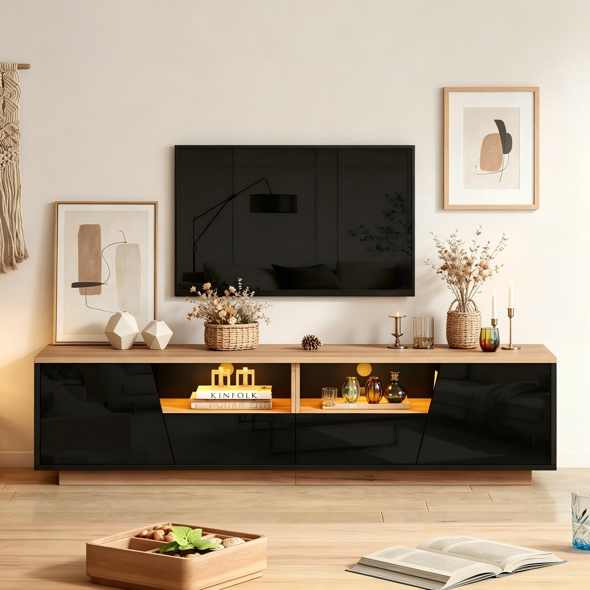 Mobile basso lucido, 180 x 40 x 46 cm, mobile TV con 2 cassetti e 2 armadi, mobile TV, adatto per televisori fino a 75 pollici, nero + giunto in legno