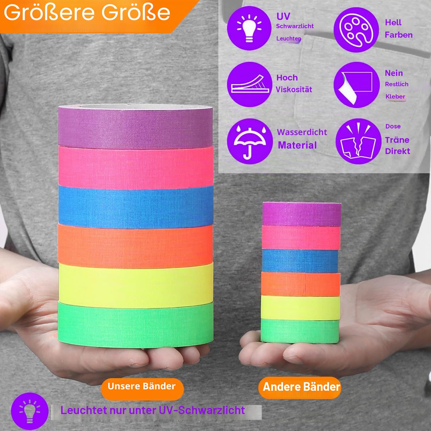 Neon Klebeband Größere Größe Neon Gaffa Tape, UV aktiv Tape, Fluoreszierendes, Leuchtband, 6 Farben, 25MM*15M Pro Rolle für Halloween