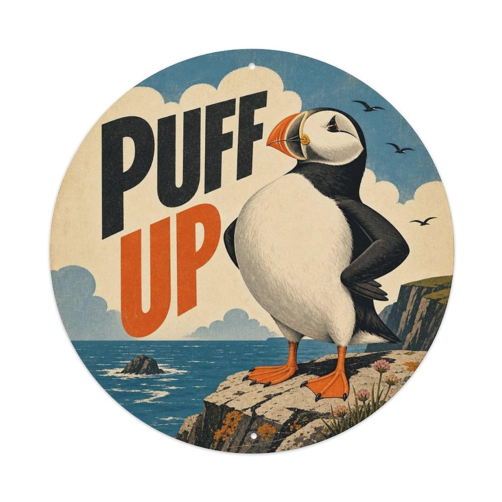 Okngb Style Puffin Animal Humor Comic Bird Pop Quirky Vintage Metal Tin Sign Plaque Wall Decor For Cafe, Man Cave, Club Bar, Office, Home Garden Round Metal Poster 8X8inch