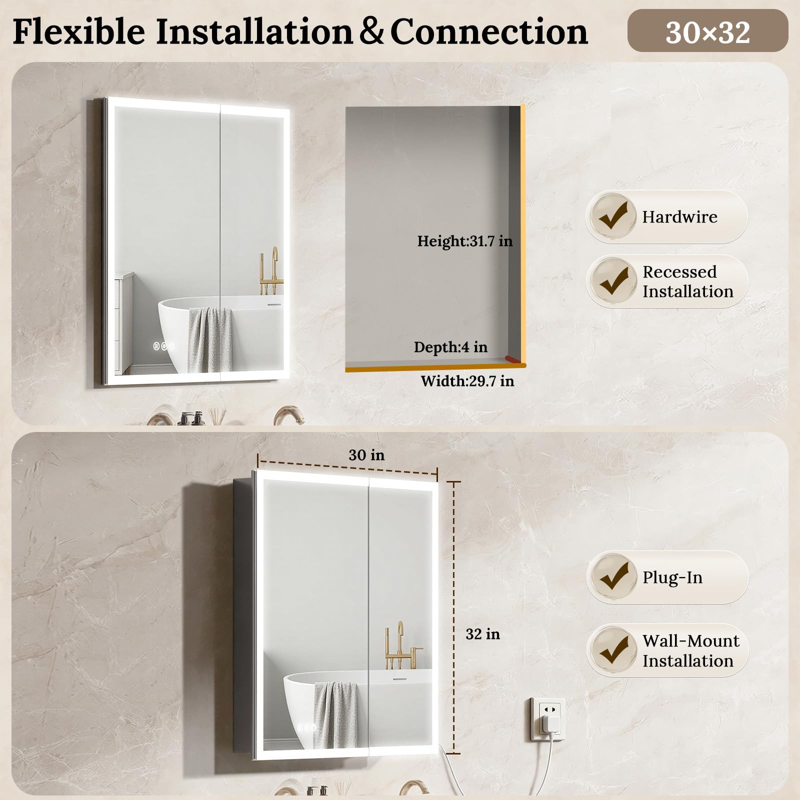 Armadietto per medicinali con specchio, armadietto per medicinali illuminato a LED con presa elettrica e USB, dimmerabile continuo a 3 colori e anti-appannamento, plug-in o cablato, armadio in
