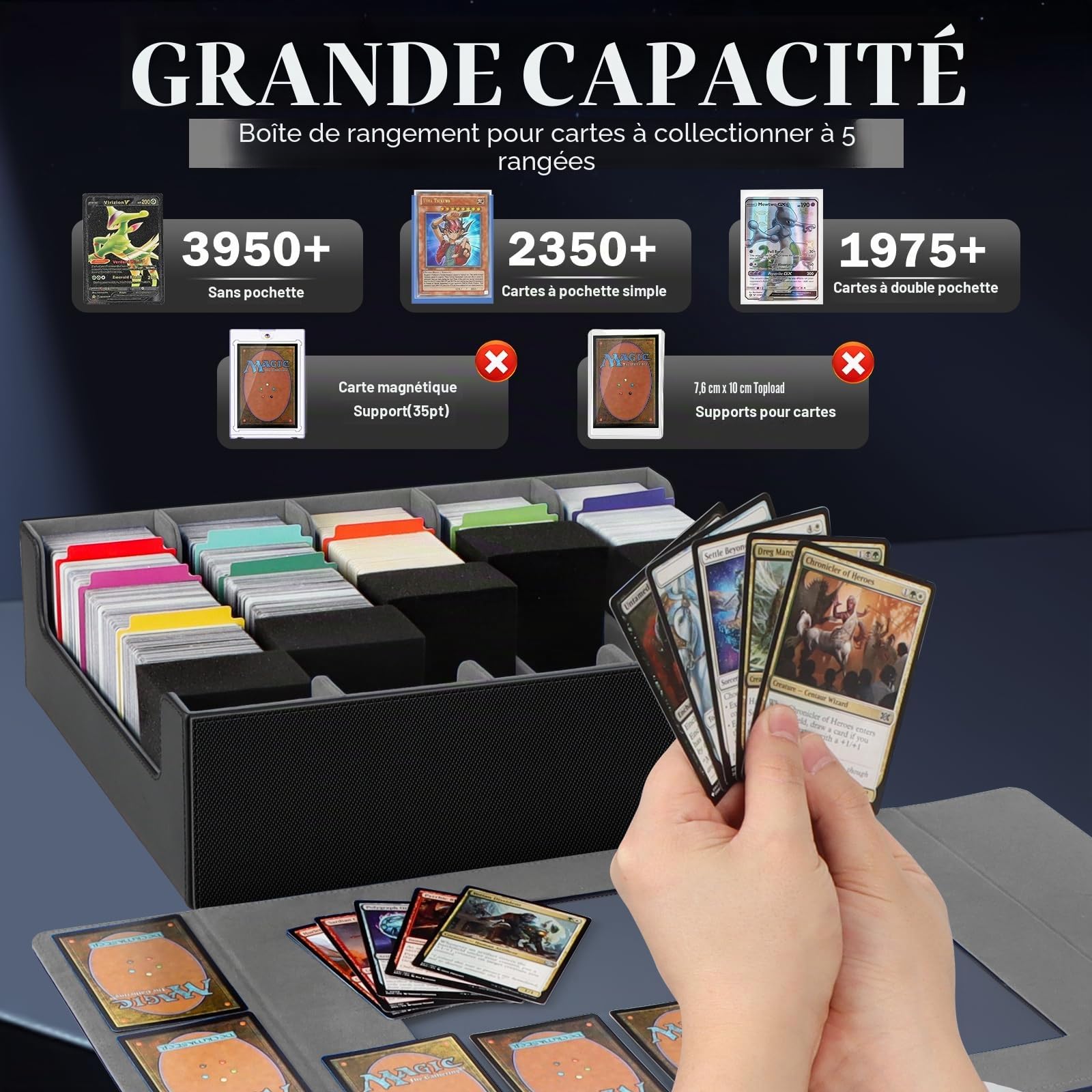 AOBOPLE Boîte de 5 Rangées Rangement de Cartes Pour 3900+ Cartes, Avec 48 Intercalaires et 5 Supports en Mousse, Boîte Rangement Carte Magnétiques de Qualité Supérieure,Rangement Cartes de Sport(Gris)