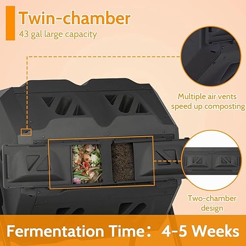 Miniatura 5 de Compostador de doble cámara para exteriores, cubo de compost de 43 galones, cubo de basura de compostaje de 360, compostador sin BPA, giratorio de