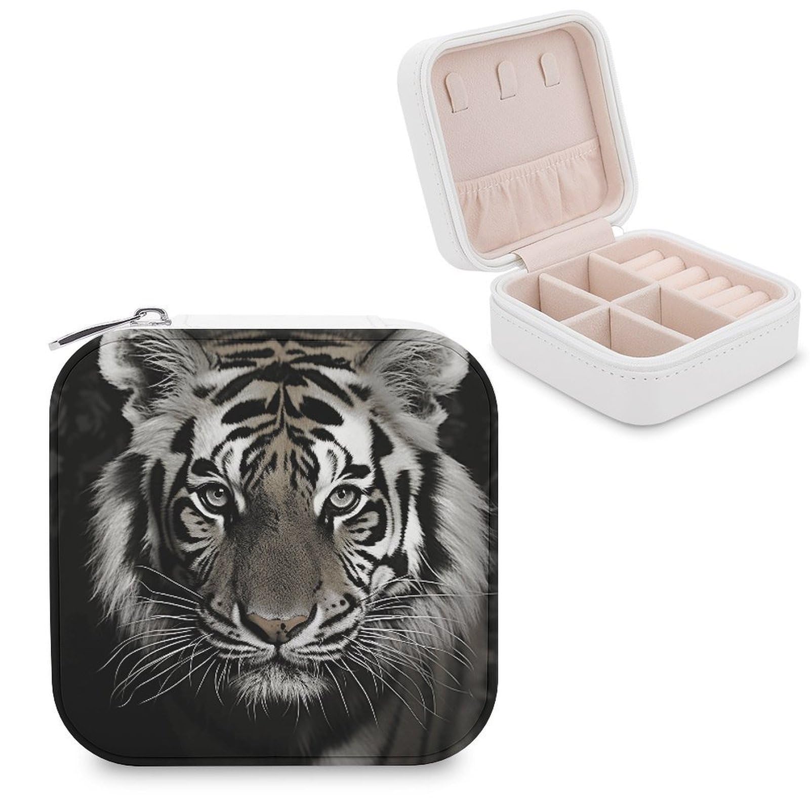 VstaDank Black And White Tiger Travel Jewelry Case Zipper Portable Small Jewelry Box Custom Pu Leather Mini Traveling Jewelry Organizer for Rings Earrings Necklace Bracelet Girls Women