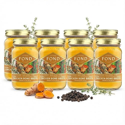 FOND Caldo regenerativo de hueso de pollo criado en pastos infundido con cúrcuma orgánica y pimienta negra, caldo de pollo a fuego lento para un