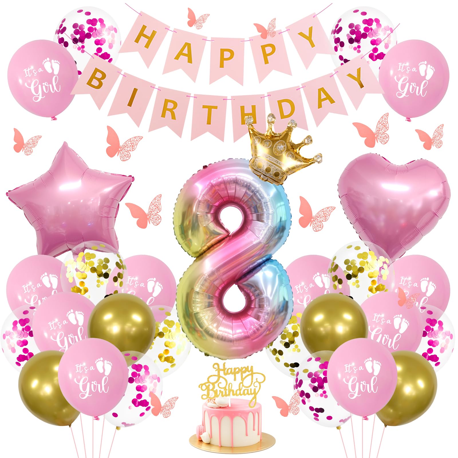 Pink Princess 8th Birthday Decorations for Girls - Pink Party Balloons Set with Rainbow Number 8 & Gold Crown Foil, Happy Birthday Banner, 3D Butterfly Decor, Cake Topper Confetti & Star Heart Foils
