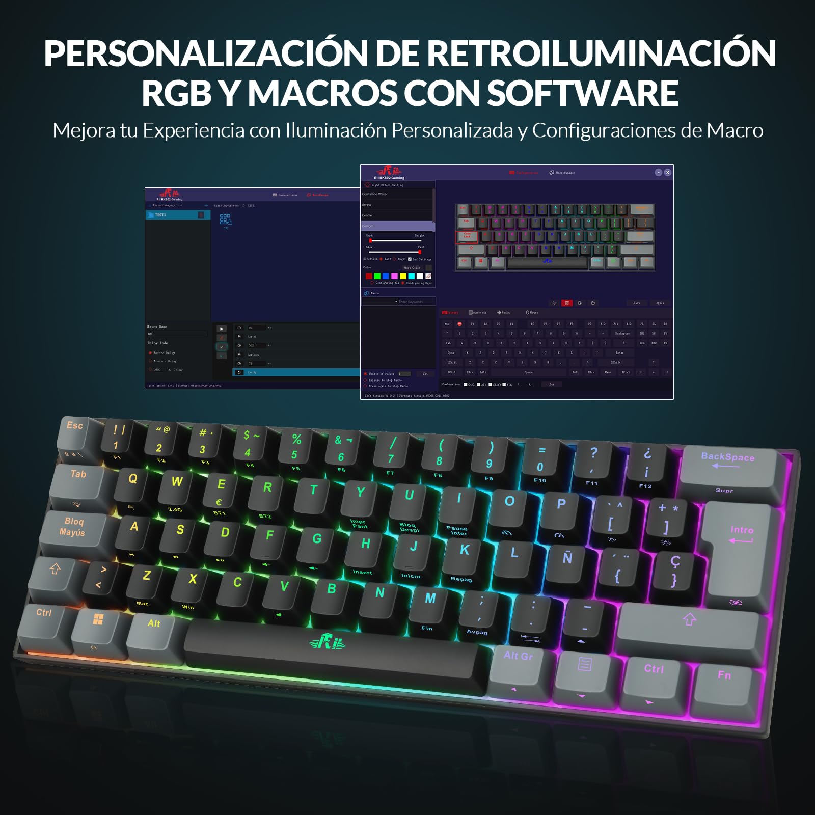 Rii RK802 Teclado Gaming Mecánico, 3 Modos de Conectividad, Retroiluminación RGB, 60% Layout Español (Interruptores Rojos)