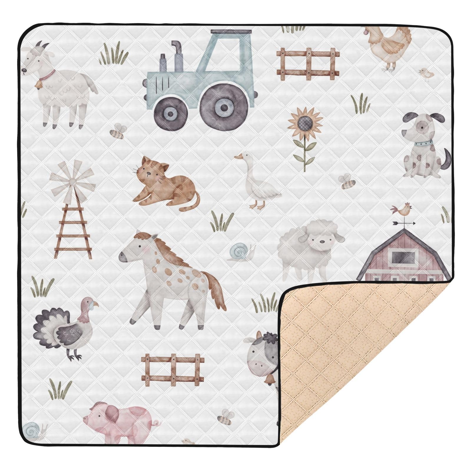 KICPOAY Baby Play Mat Watercolor Farm Animals Tractor 50 x 50 Playpen Mat Baby Play Mats for Floor Play Gym Crawling Mat Non-Slip Cushioned Baby