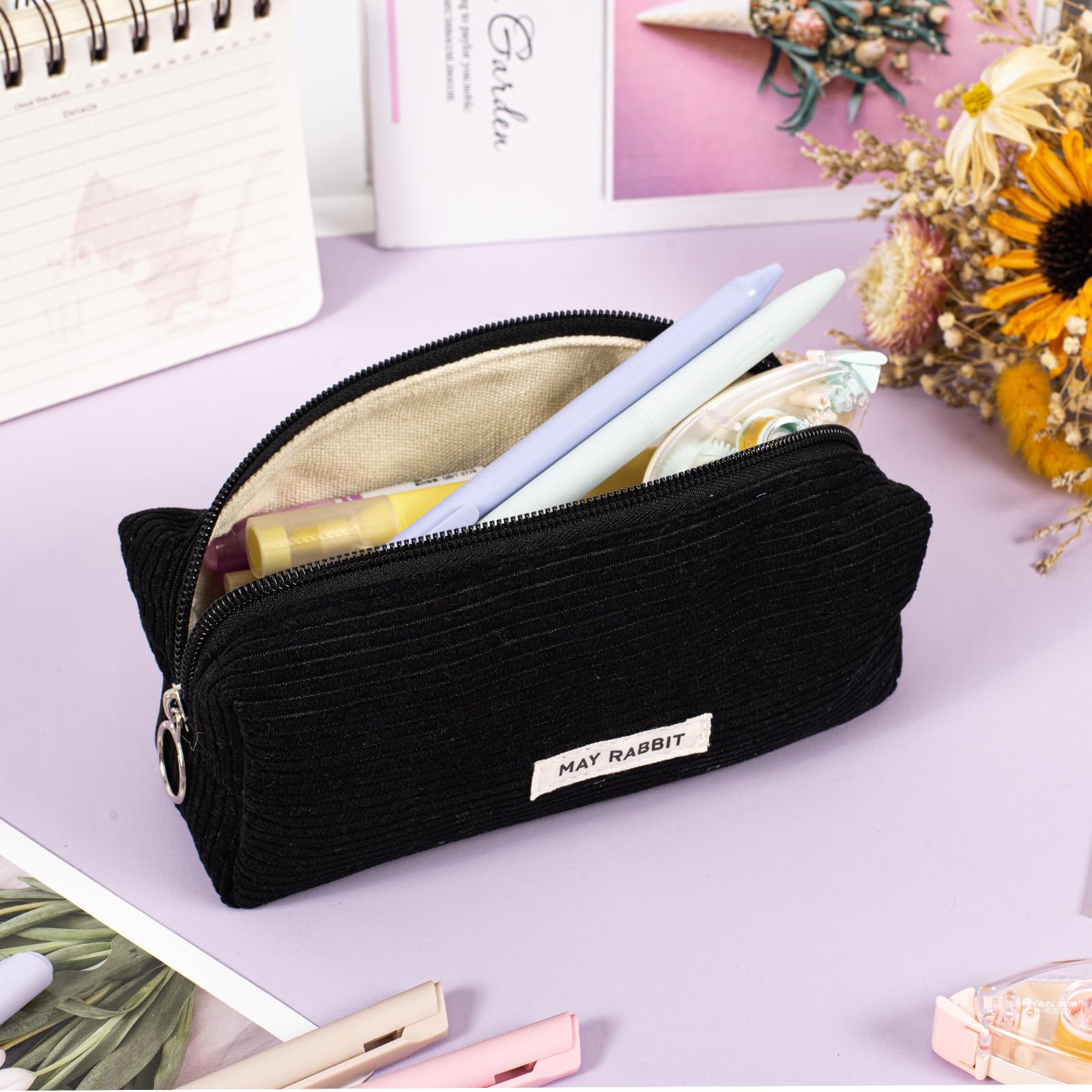 Zouwel Trousse Scolaire Kawaii Etui à Crayons Junior Velours Côtelé Noir