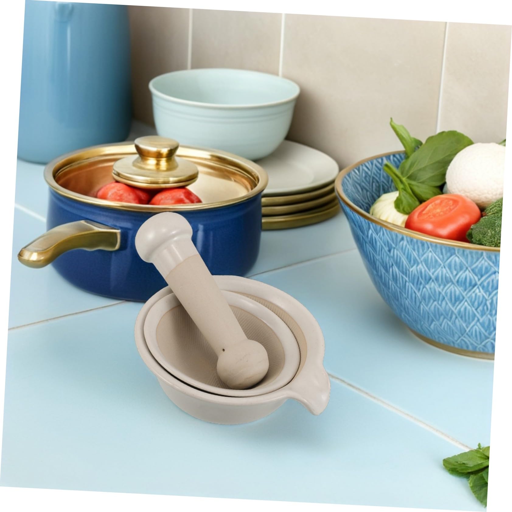 Food Masher Set Keramik Japanischer Stil Mahl Fütterungsschale mit Stößel Tragbar Leicht zu Reinigen Geruchsresistent für Glatte Babybreie und Babynahrung