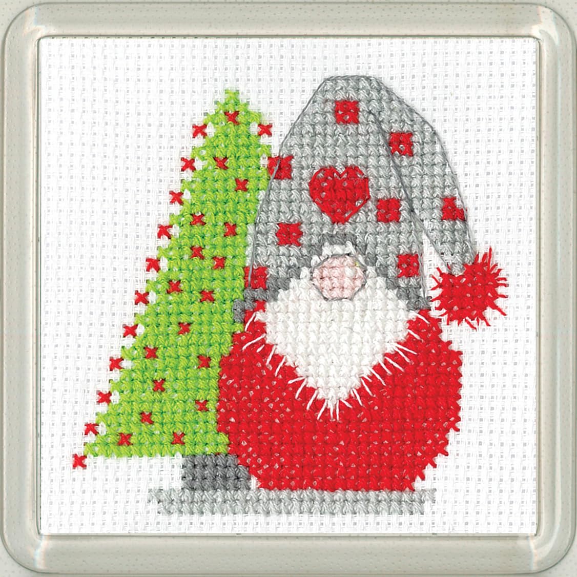 Heritage Crafts Gonk Christmas Coaster Cross Stitch Kit - Gonk Christmas Tree Coaster - Kirsten Roche Designs