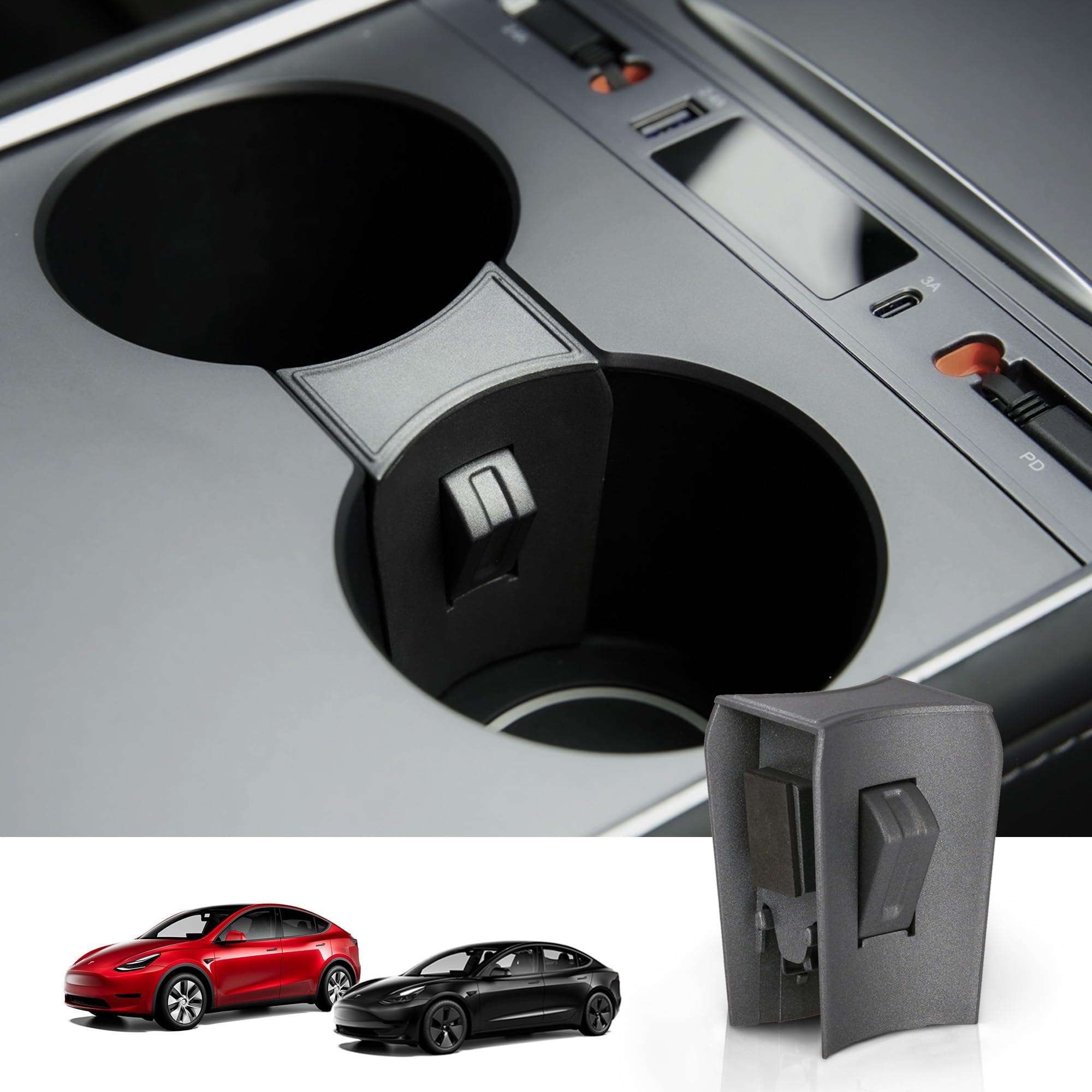 Cup Holder Insert for Tesla Model Y & 3 2020-2023, Black ABS Plastic, Center Console Cup Holder, Slot Slip Limit Clip