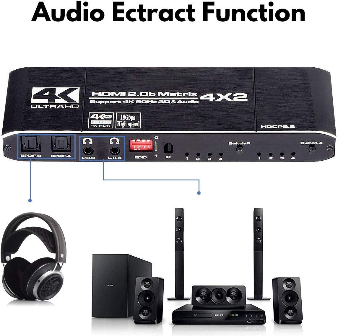 HDMI Matrix 4x2 4K @ 60Hz HDR Switch Splitter 4 en 2 Sorties YUV 4：4：4 Optique SPDIF + Jack 3.5mm Extracteur Audio Commutateur HDMI
