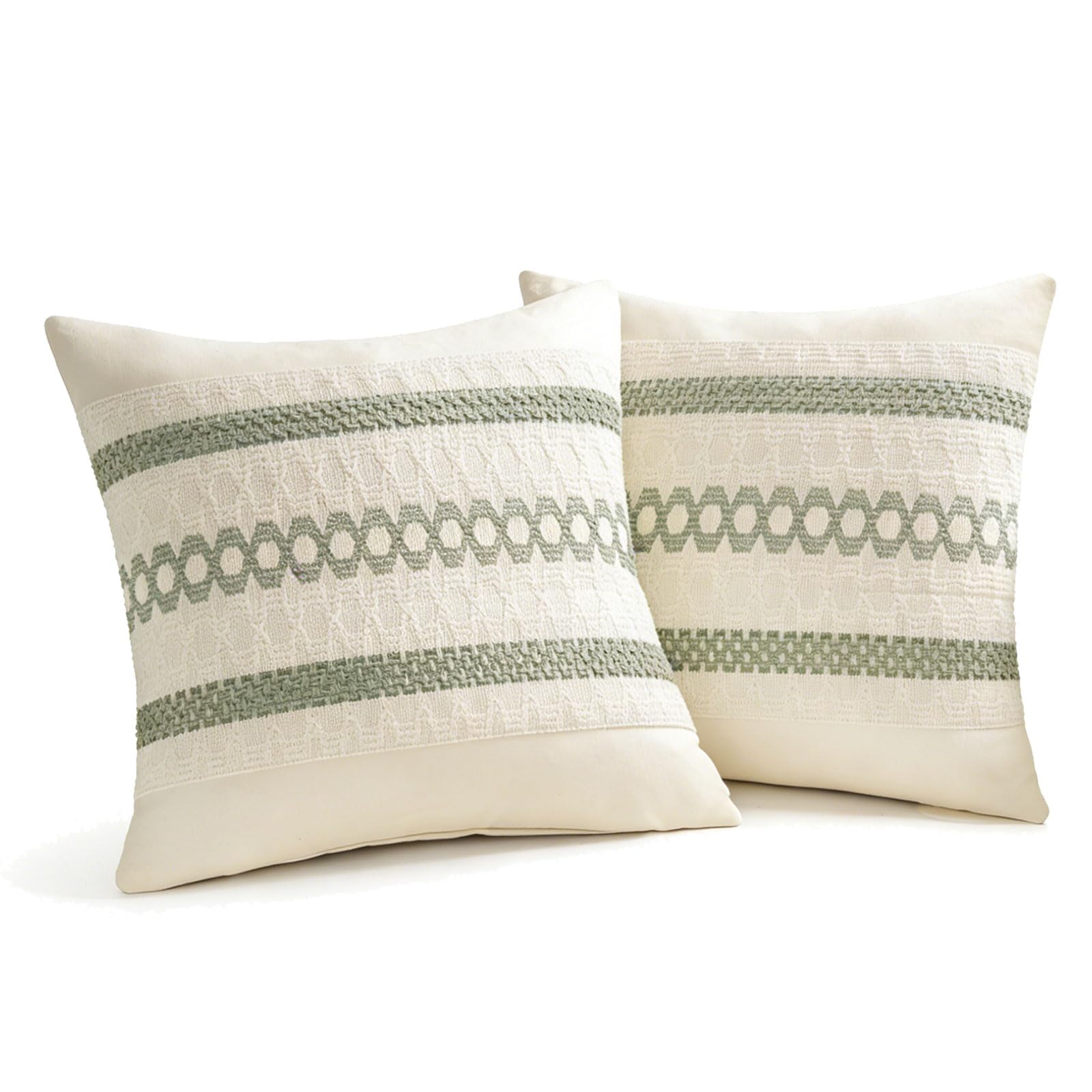 Floruvia 2 Pieces Sage Green Boho Pillow Covers, Cotton Decorative Throw Cushions with Macrame Woven Design for Sofa, Bed, Chair, Farmhouse Rustic Summer Decor(18 * 18in)