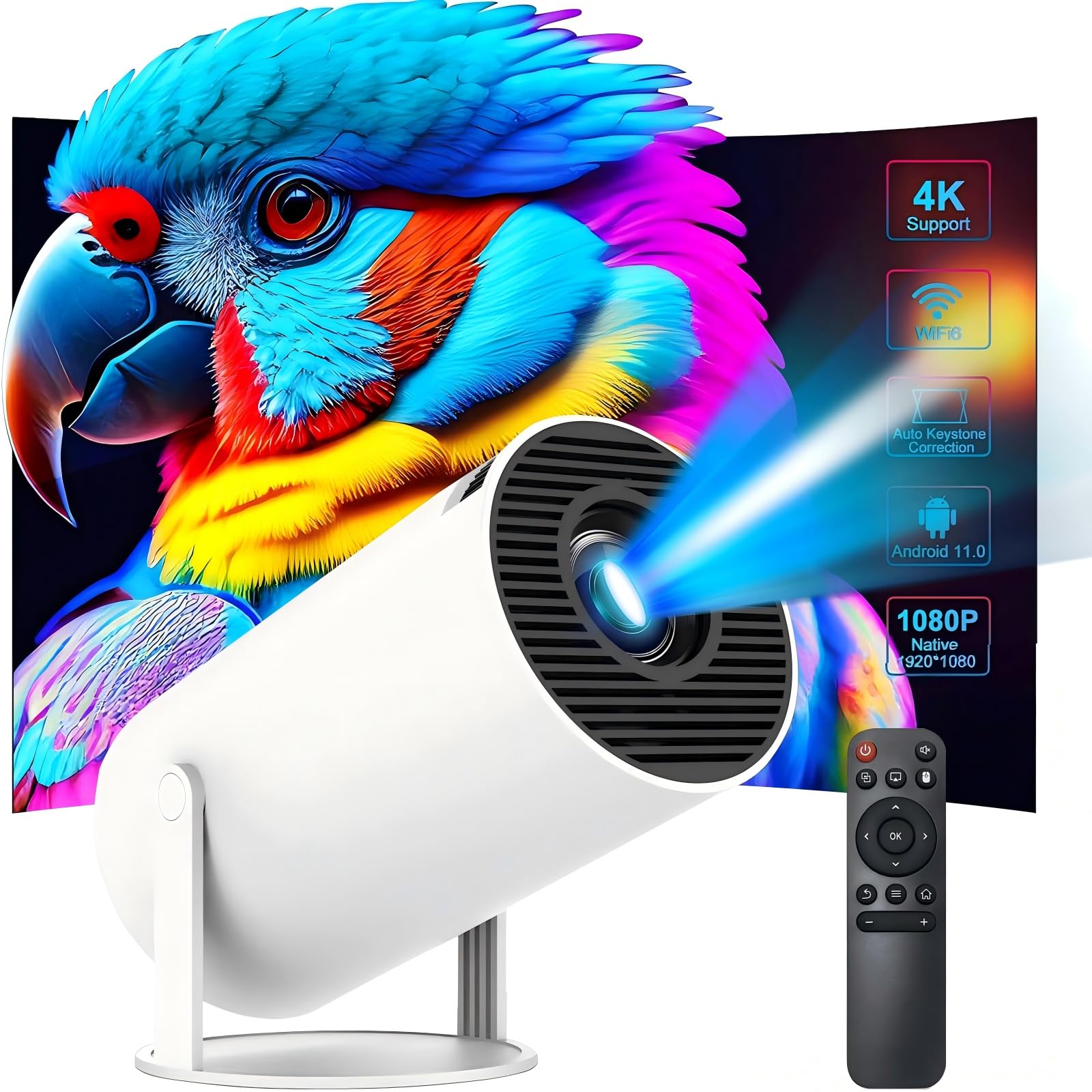 Mini Projector 1080P 4K Support with WiFi 6 & Two-way Bluetooth 5.2, Portable HY300 Pro+ Smart Projector Manual Focus, 180° Rotatable, Movie Home Bedroom Outdoor Projector for Phone, Laptop, PC, White