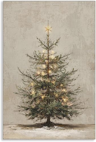 Miniatura 1 de Fenbhjgy Lienzo decorativo de árbol de pino de Navidad, póster rústico iluminado de abeto nevado, decoración de pared de vacaciones de invierno,