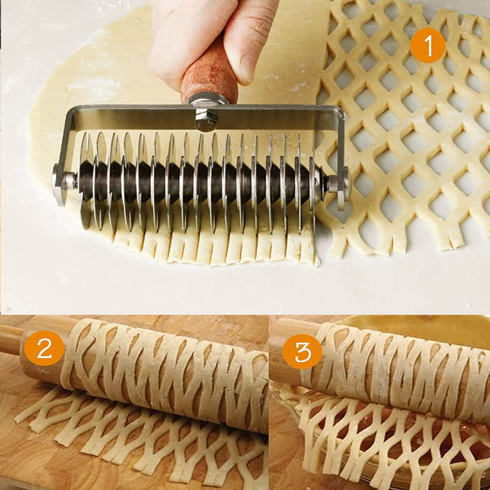 Rullo in acciaio inox a reticolo, rotella per pizza e pasticceria, taglierina per impasto, utensile da cucina con manico in legno, per torte, pizza, torte, pane, biscotti