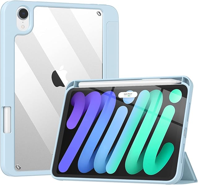 TiMOVO Case for New iPad Mini 6th Generation, iPad Mini 6 Case(8.3-inch, 2021) with Pencil Holder, Support Touch ID and iPencil Charging with Clear Transparent Back & Auto Wake/Sleep - Sky Blue