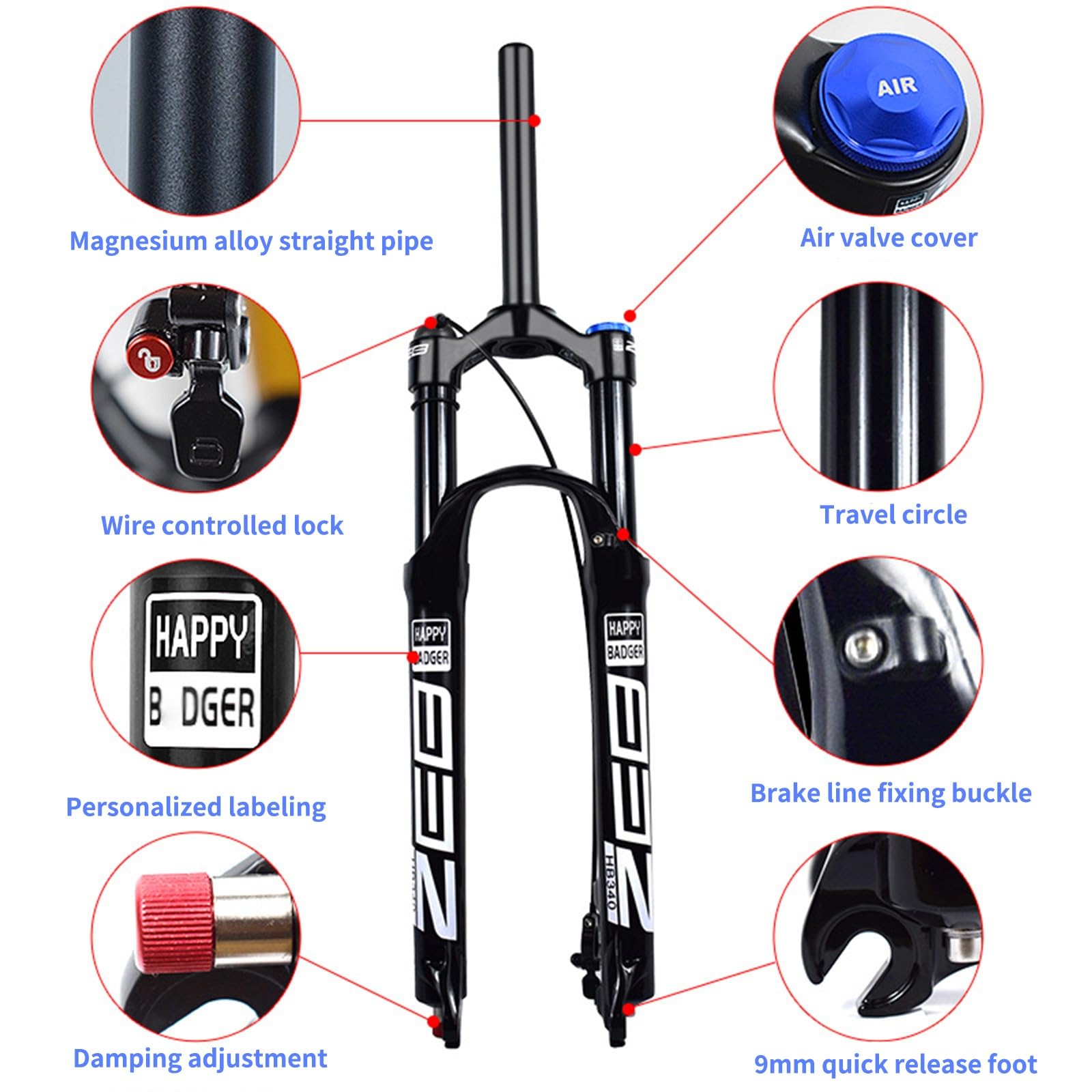 Forcella Ammortizzata ad Aria MTB 26/27.5/29 Escursione 120 mm Regolazione del Ritorno Tubo Dritto/Conico 1 1/8 QR 9 mm Blocco Manuale/remoto Forcelle per Mountain Bike