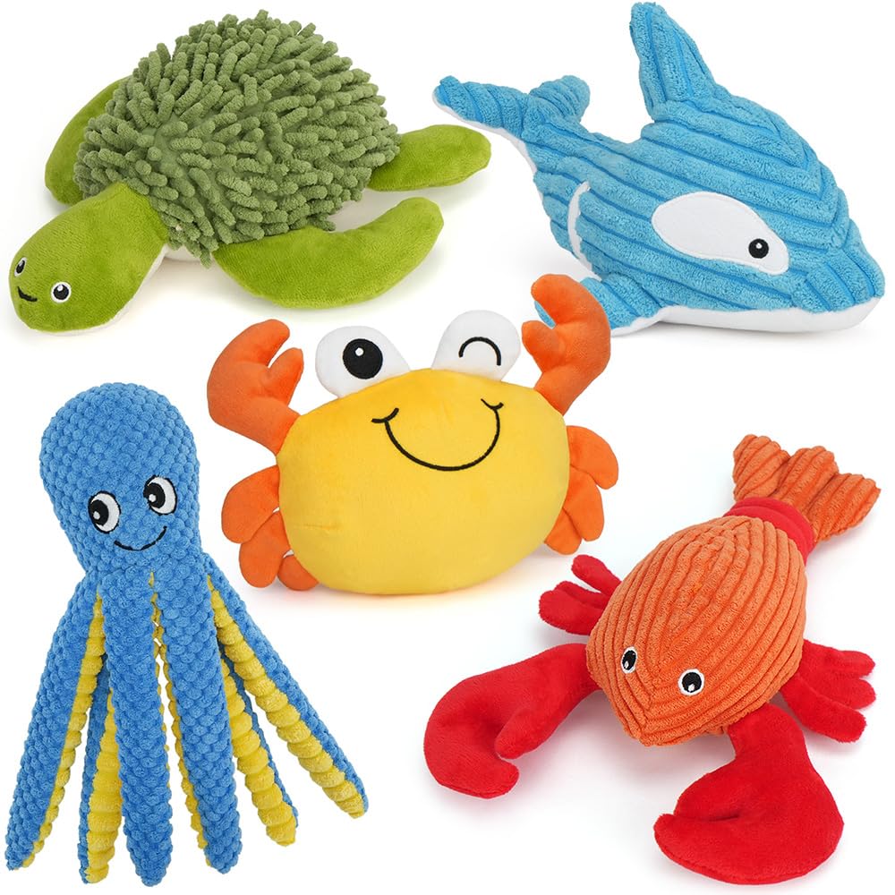 PrimePets Plush Dog Toys, 5 Pack, Soft Squeaky Dog Toy for Small and Medium Dogs Interactive Stuffed Puppy Toy (Ocean Animals)
