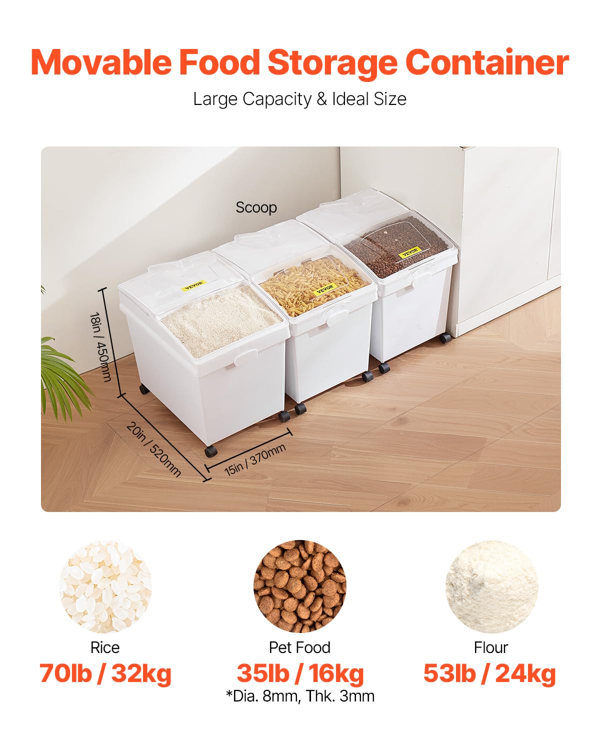 VEVOR Contenitore per Conservazione del Riso Cibo per Animali Domestici 40 Litri 3 Pezzi, Contenitore per Ingredienti da Cucina Cereali Farina Contenitori per Alimenti con Ruote Coperchio Ermetico