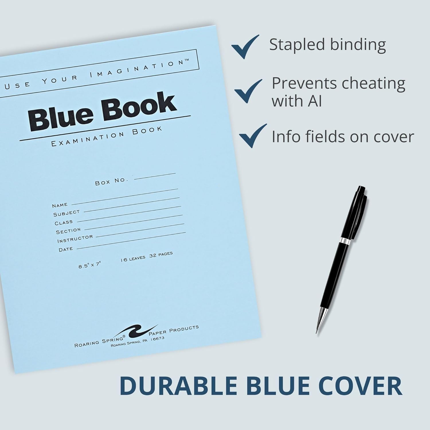 ROARING SPRING Exam Blue Books, 50 Pack, 8.5" x 7", 16 Sheets/32 Pages, Wide Ruled with Margin, Proudly Made in the USA