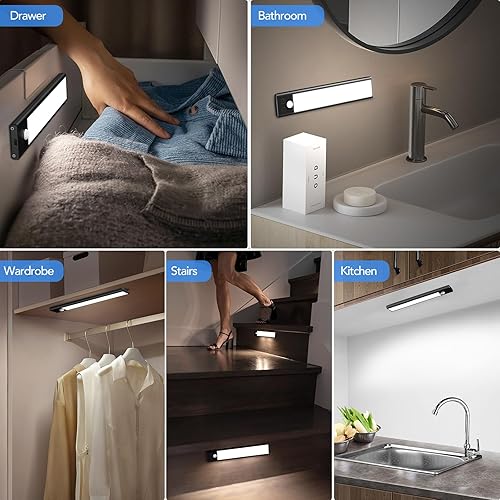 Miniatura 8 de Paquete de 3 luces LED para debajo del gabinete, 32 luces LED de color blanco frío recargables debajo del gabinete, luces LED con sensor de