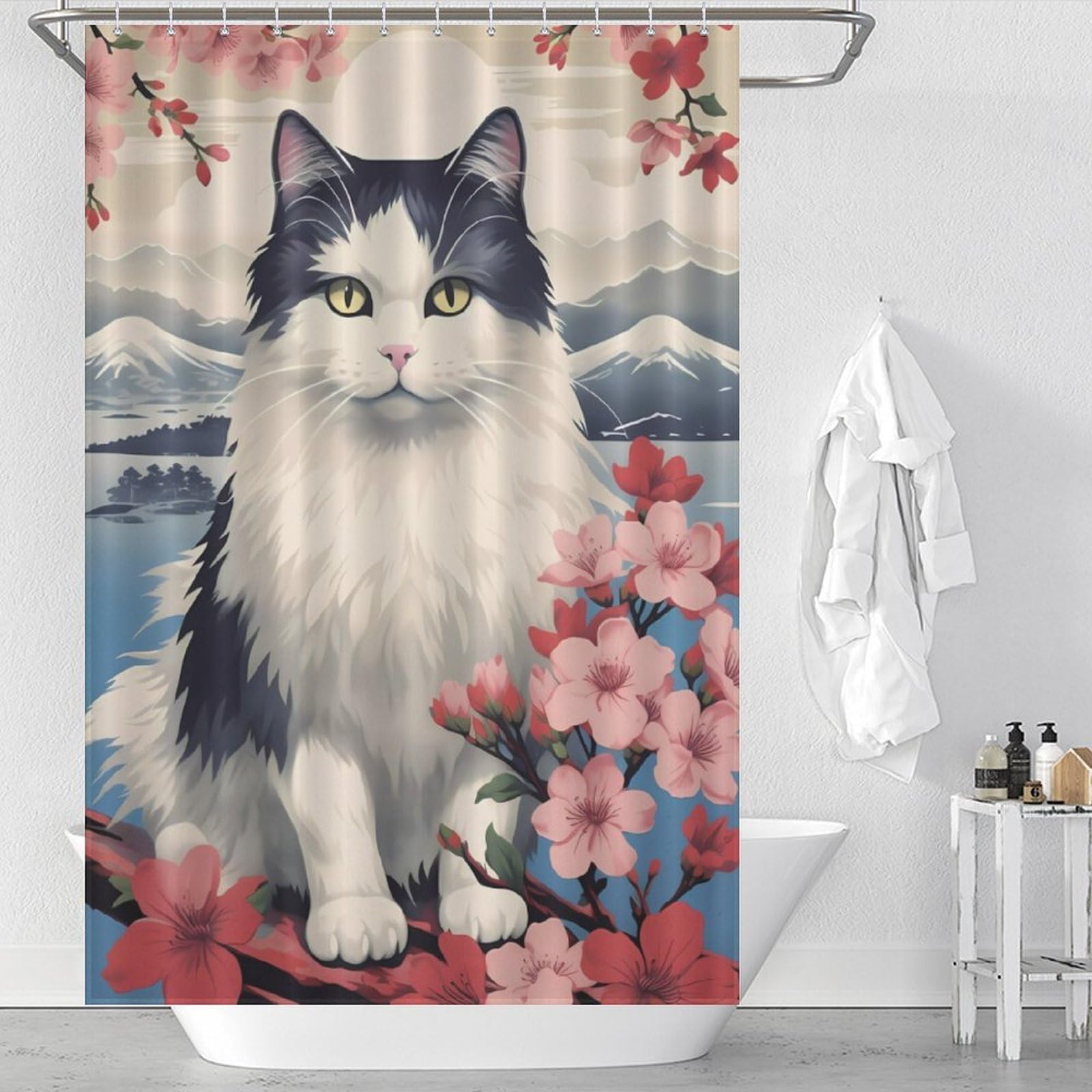 Rideau de douche moderne Japanese Cat 2 en tissu lavable anti-éclaboussures 180cm