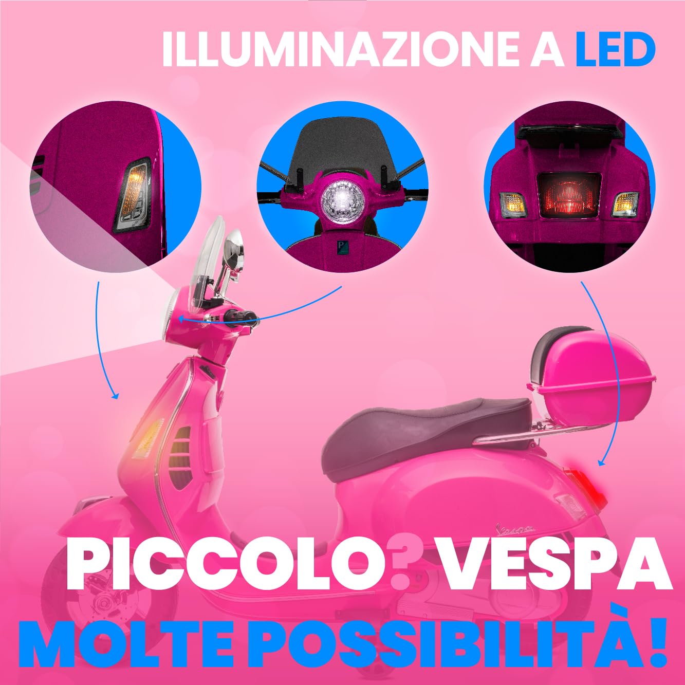 Moto elettrica per bambini Vespa, Motocicletta con ruote e sedile in plastica, bagagliaio, lettore MP3, presa AUX USD MicroSD (Fuchsia)
