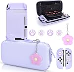 DLseego Pink Switch Case Set Carrying Case with 10 Slots Cute Protective Dockable Hard Shell with 4PCS Lovely Cat Paw Thumb Grips Caps and 1PC Flower Blossom Chain for Switch 2017 Version