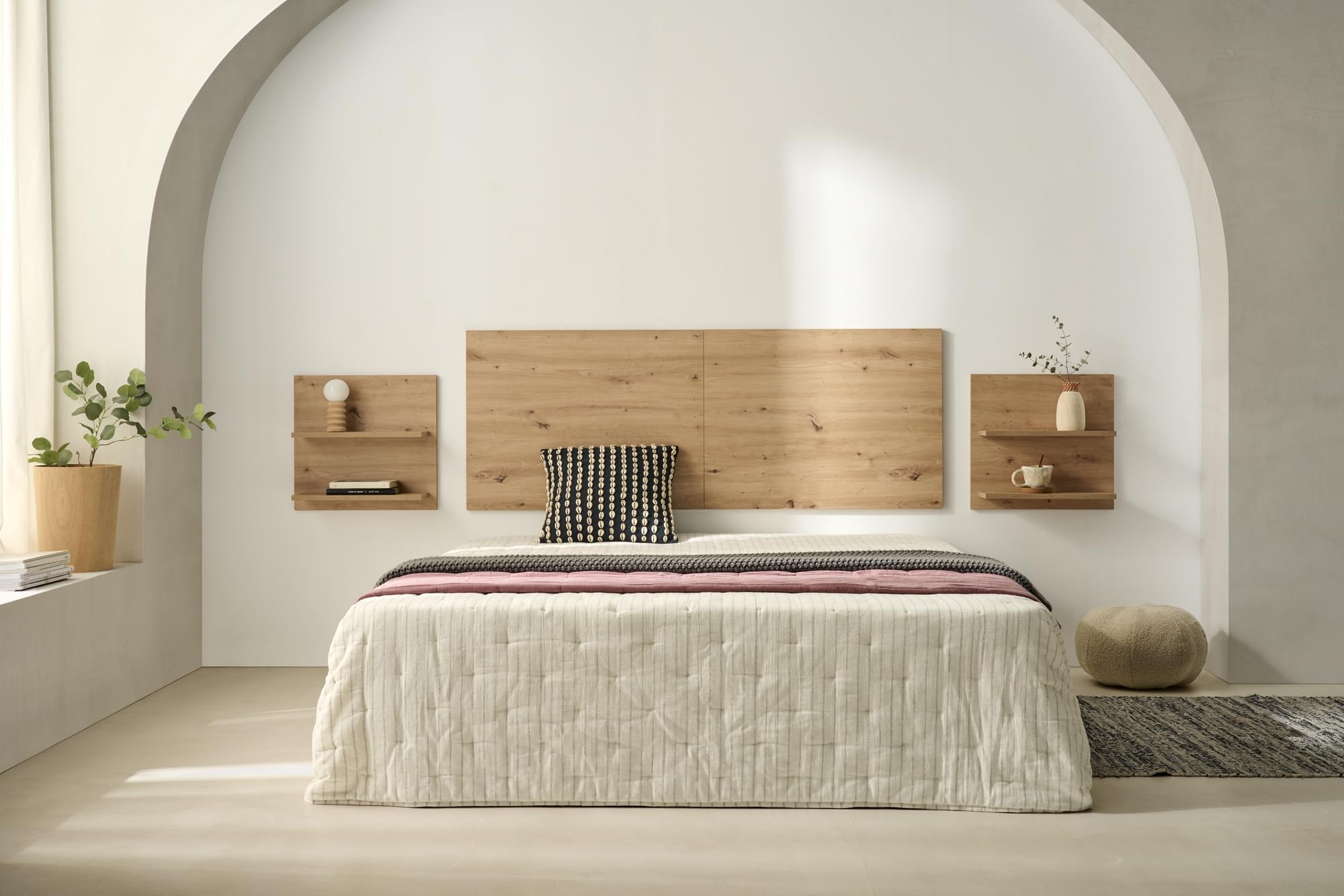 HOGAR24 ES Cabecero + 2 mesitas Colgantes con Baldas, Acabado Madera, Medidas 155 x 60 x 2 cm