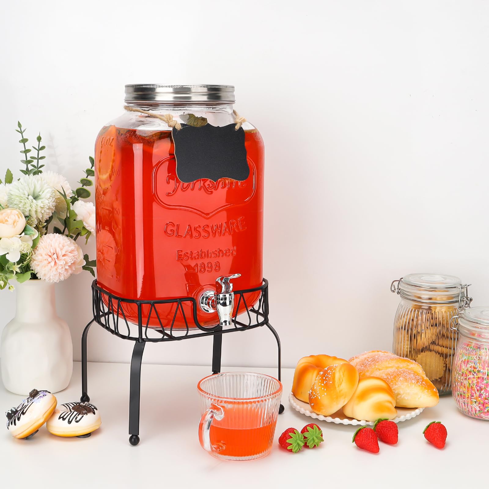 Dispensadores de bebidas de vidrio de 2 galones, 1 paquete de dispensador de bebidas transparente con soporte y espiga para fiestas, dispensador de bebidas con núcleo de hielo y calcomanía