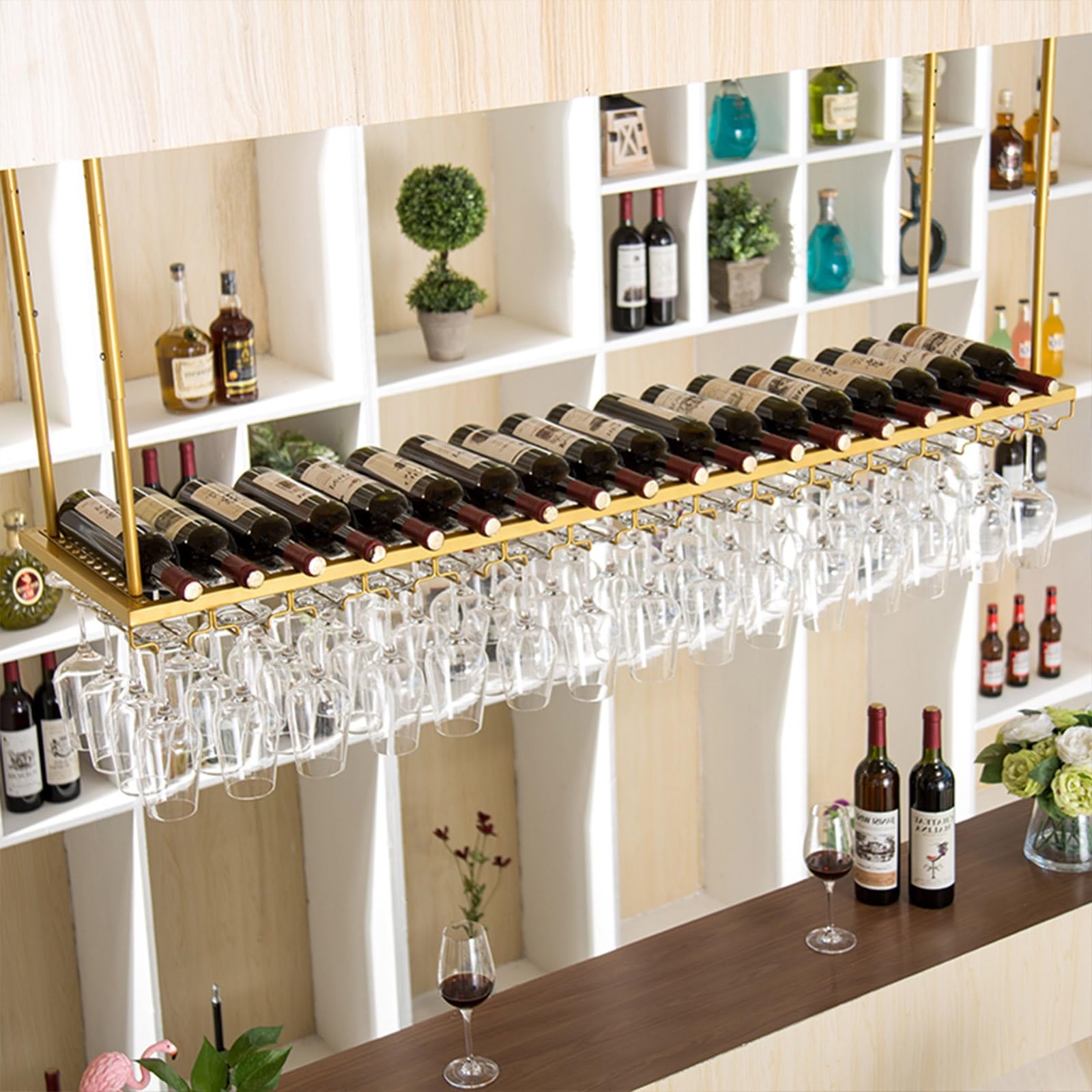 Casier à vin suspendu vintage et porte-verre de plafond réglable en métal