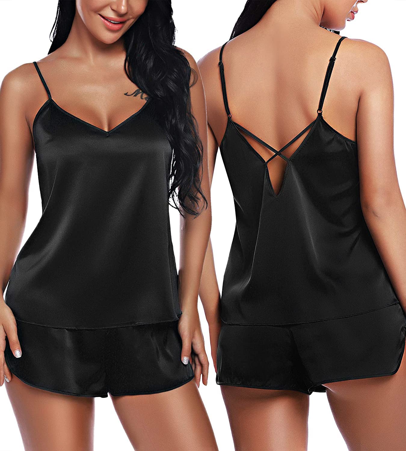 RSLOVEWomen V Neck Sexy Lingerie Satin Sleepwear Pajamas Cami Shorts Set Nightwear