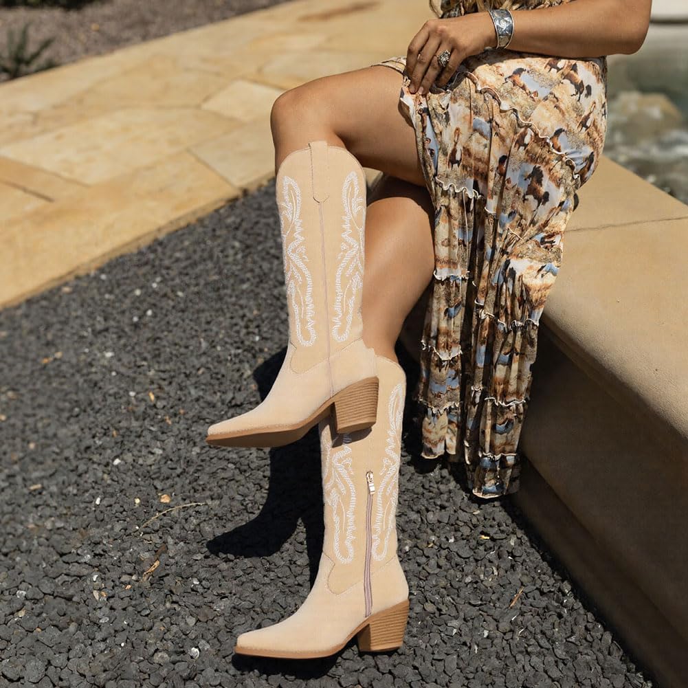 Erocalli Knee High Boots Women Cowgirl Cowboy Western Fall Chunky Block High Heel Tall Long Fashion Boot Side Zipper