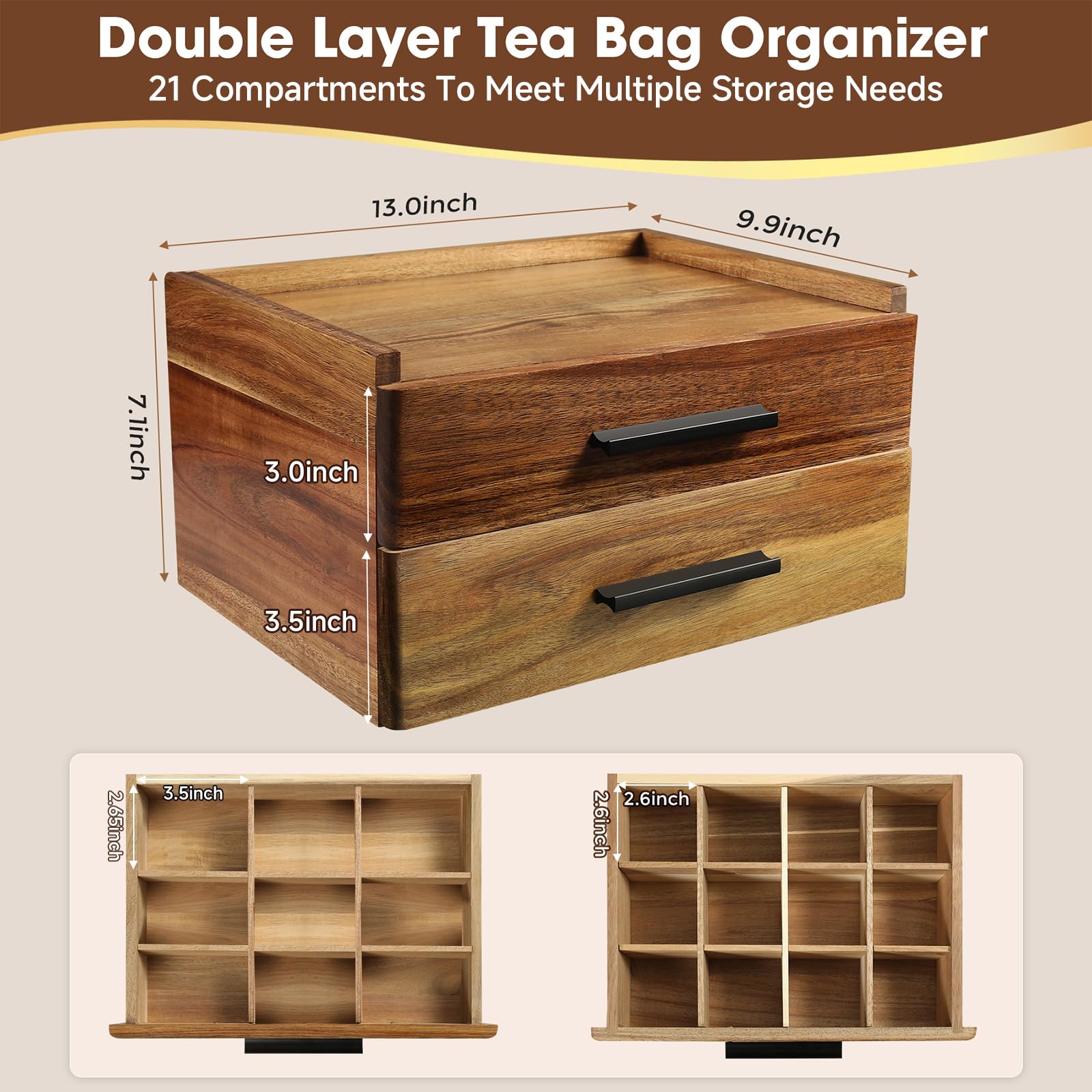 Teebeutel-Organizer aus Akazienholz mit Geschenkbox, Teebox mit doppelter Schublade, Teezubehör für Tee-Organizer und Aufbewahrungsbox, Teestation Truhe Caddy für Arbeitsplatte, Schrank, Büro (16