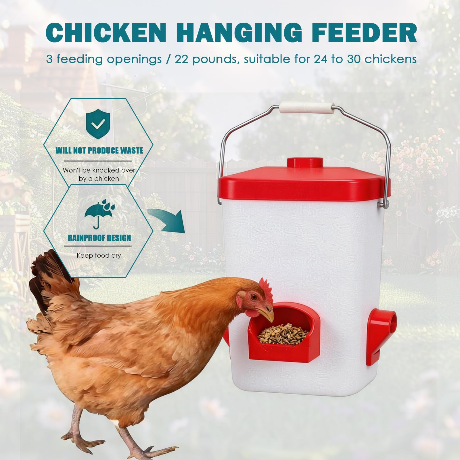 Bebedero para aves de corral y comedero, blanco y rojo, con manguera de riego y accesorios de montaje
