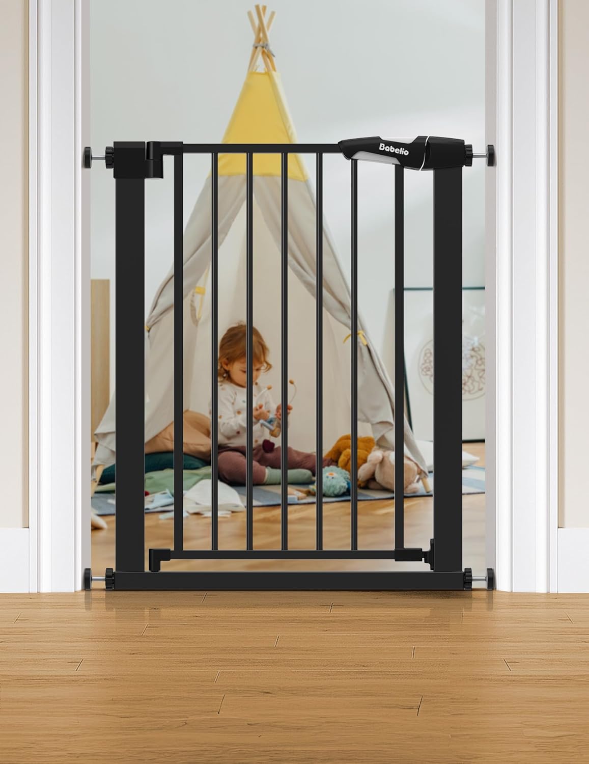 BABELIO 26-28.5 Inch Narrow Easy Install Baby Gate, Auto-Close Pet Gate for Small Stairs and Doorways, NO Drilling Pressure Mounted, NO Extensions, Black 30" High, 26-28.5" Wide Black