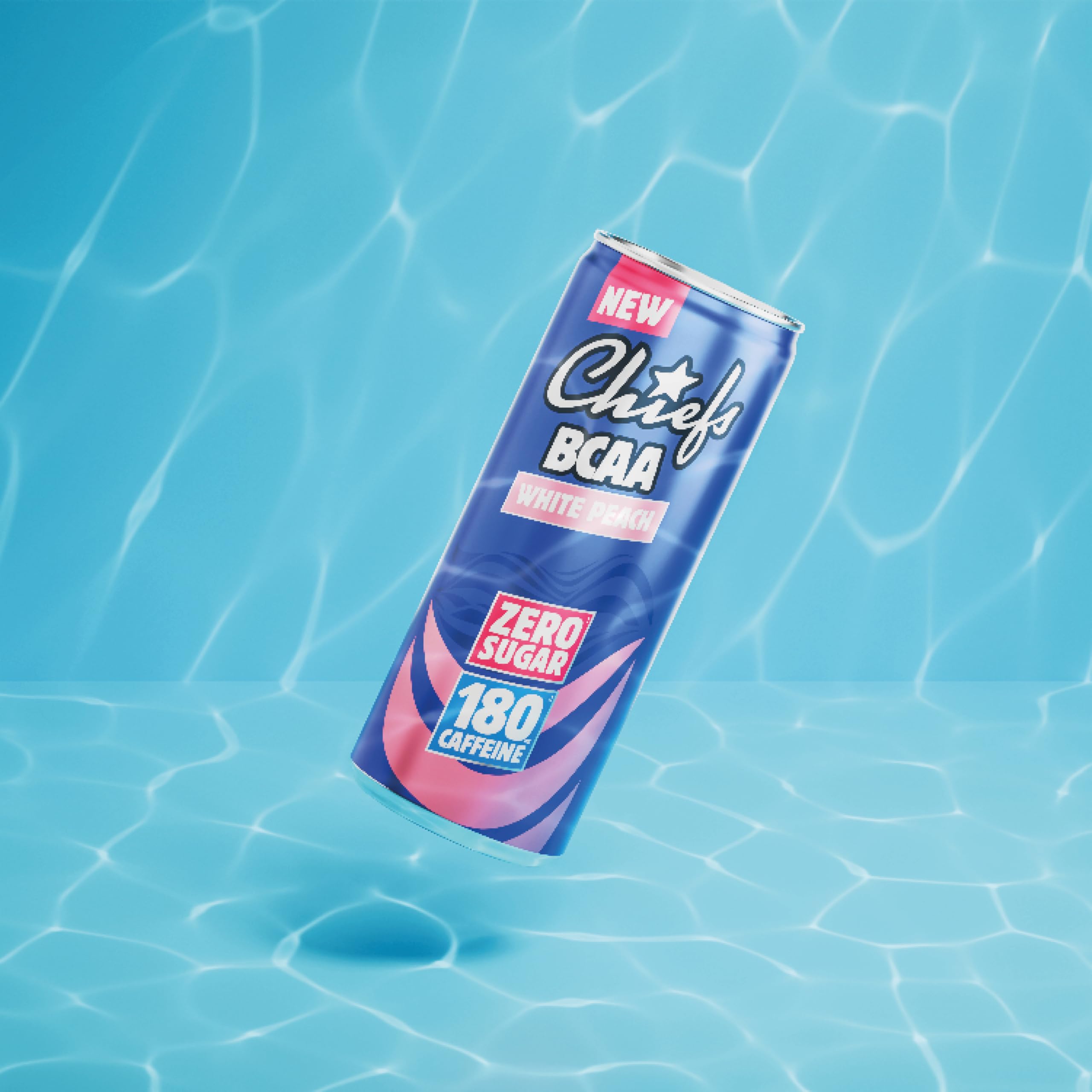 CHIEFS Boisson énergisante goût Pêche Blanche, 180 mg de caféine, 24x330ml boissons énergétiques, Sans Sucre et avec BCAA (White Peach)
