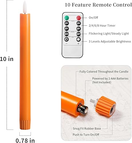 Miniatura 7 de Velas cónicas naranjas sin llama con control remoto, velas LED de 10 pulgadas parpadeantes, llama 3D realista con mecha, luz blanca cálida,