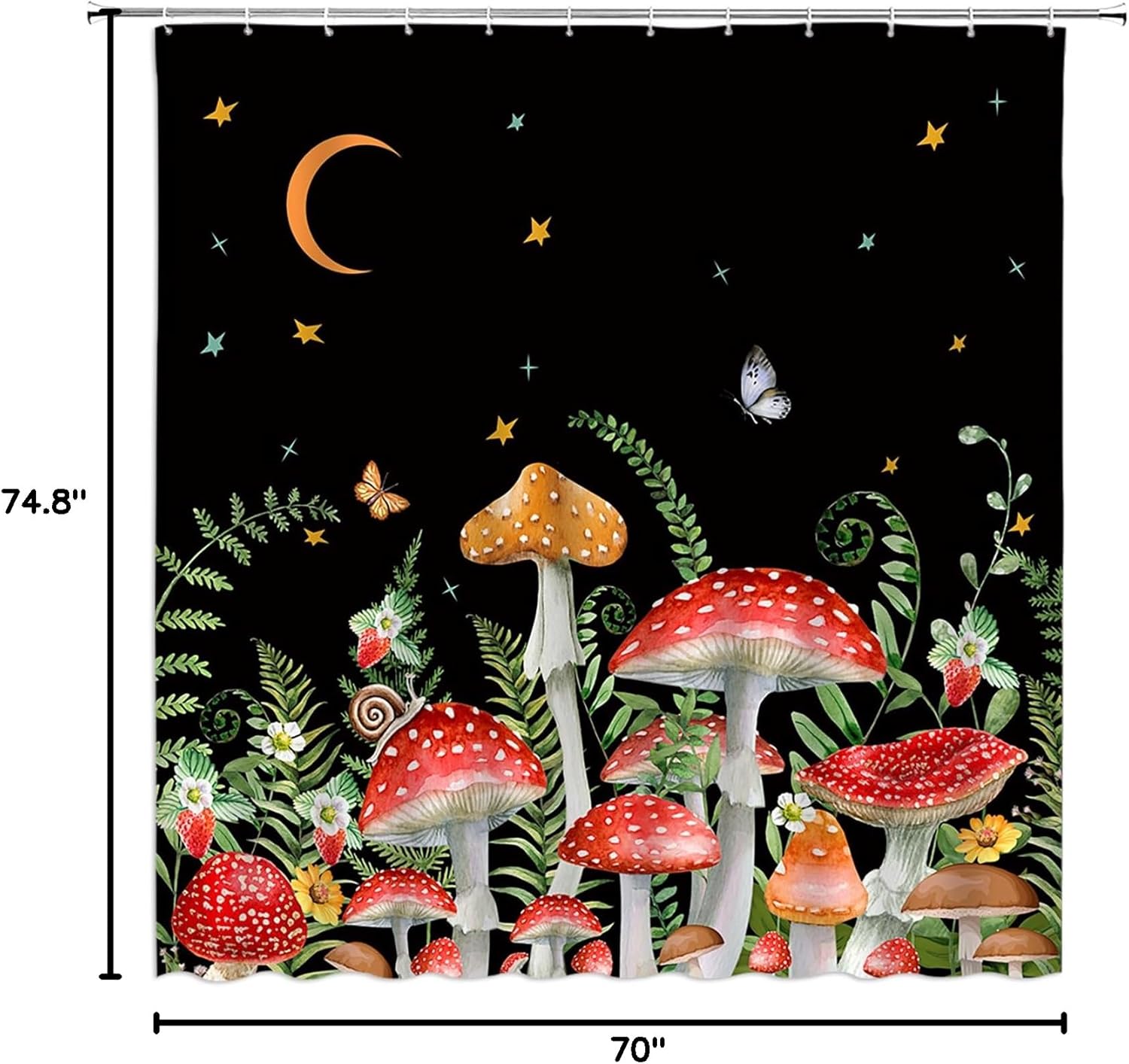 Mushroom Shower Curtain Butterfly Floral Moon Stars Boho Retro Botanical Wildflowers Plant Fabric Bathroom Decor Set with Hooks(74.8" Wx70 H)