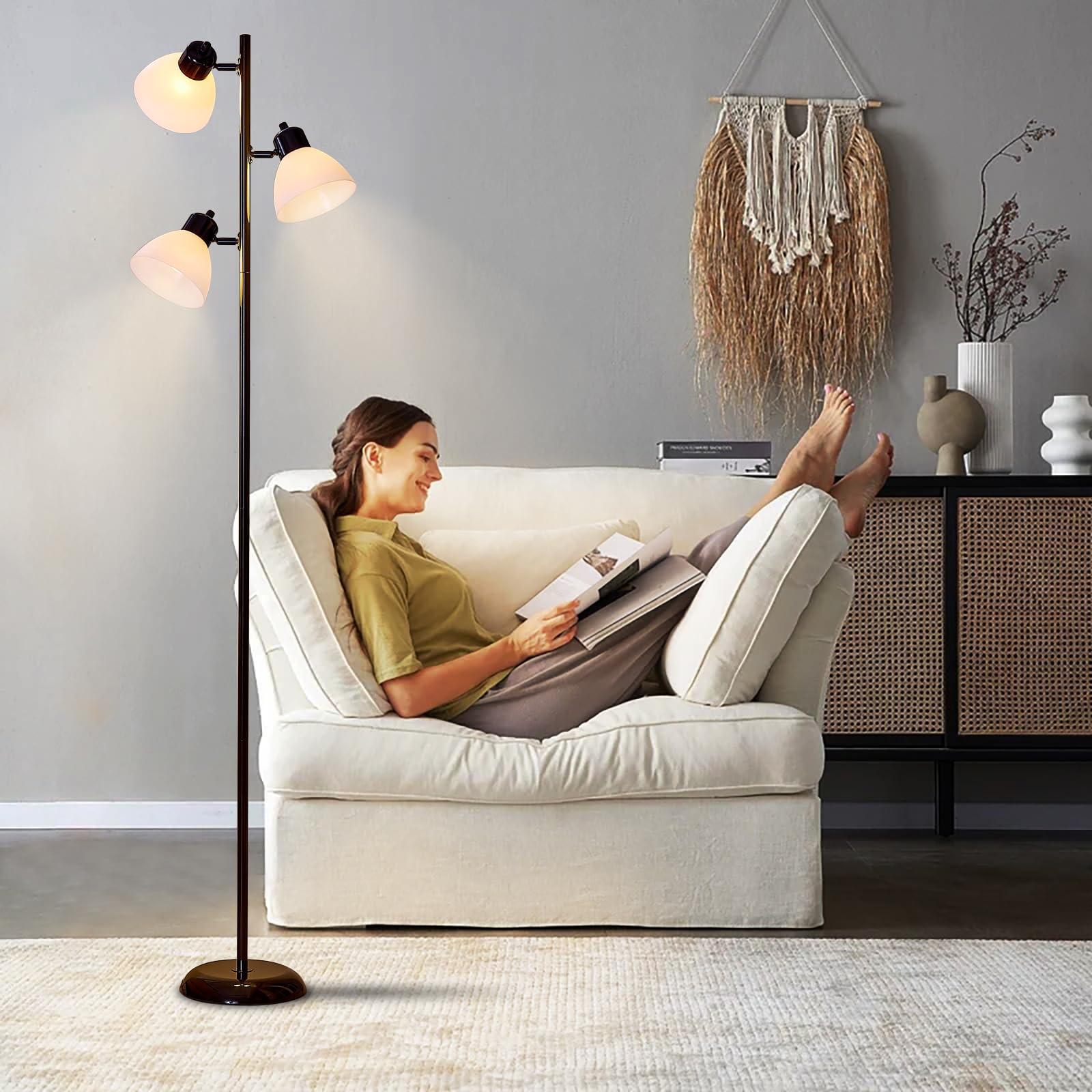 Lámpara de pie moderna de árbol para sala de estar, dormitorio, lámparas de pie de poste alto con 3 cabezales giratorios ajustables para oficina, esquina de decoración, lectura en interiores, 3 7