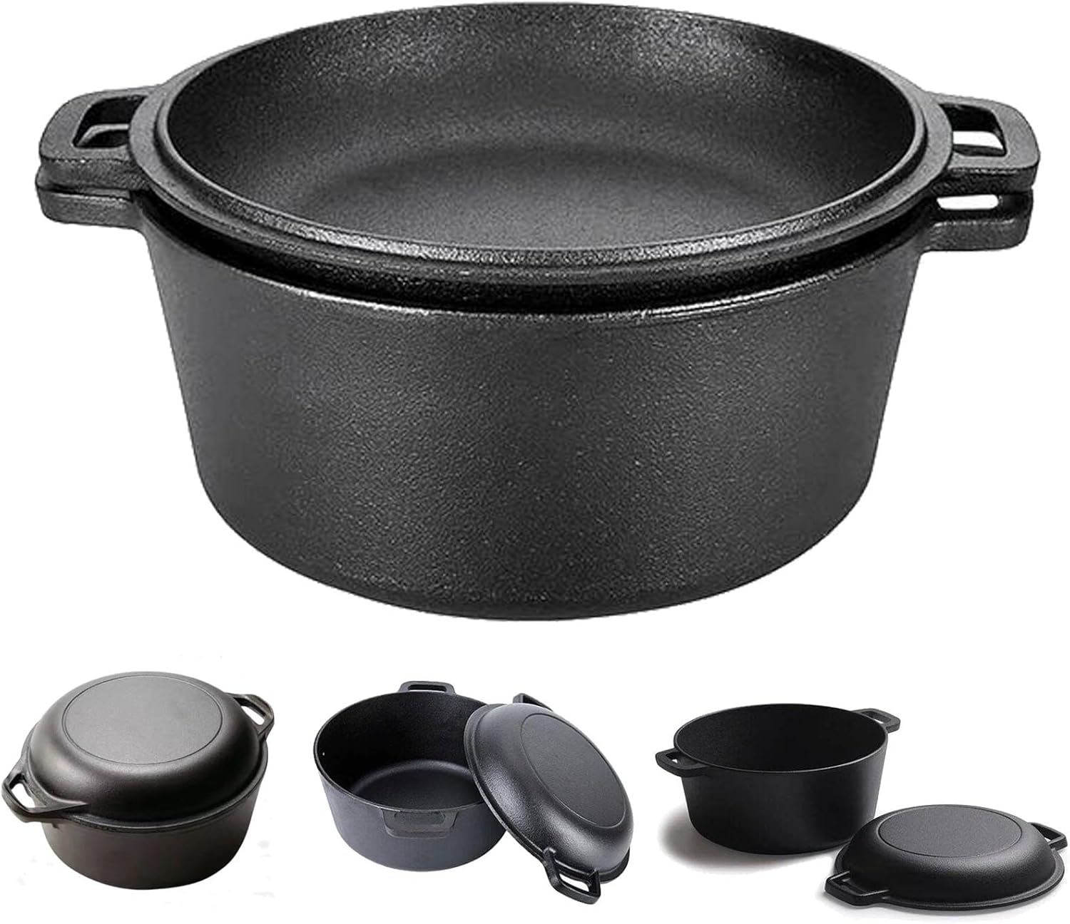 2 In 1 味付け済み鋳鉄 ダブルダッチオーブン コンボクッカー IH ガス火 対応ハンドル付き 黒鋳鉄ポット スキレット蓋付き 