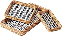 Set of 3 Hand-Woven Rattan Serving Trays with Mother of Pearl Inlay - Boho Coastal Wicker Decor Trays for Kitchen, Bathroom, Entryway
