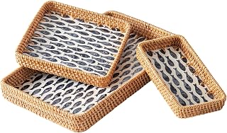 Set of 3 Hand-Woven Rattan Serving Trays with Mother of Pearl Inlay - Boho Coastal Wicker Decor Trays for Kitchen, Bathroom, Entryway