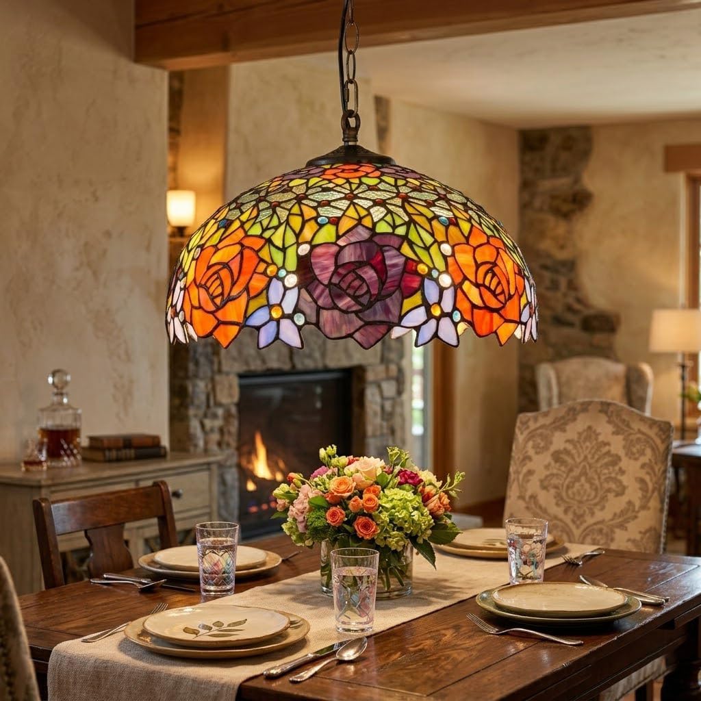 Skyblaze Tiffany Style Pendant Light Fixture, 16 Inches Stained Glass Hanging Lamp, Floral Design Pendant Light, Vintage Lighting with Handmade Lampshade for Foyer Dining Room Bedroom