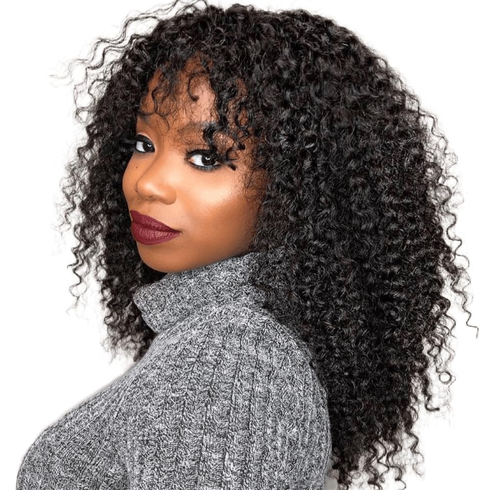 Romface Afro Kinky Curly Wigs with Bangs Human Hair Wigs for Black Women None Lace Front Wigs 200% Density Brazilian Virgin Hair Wear and Go Glueless